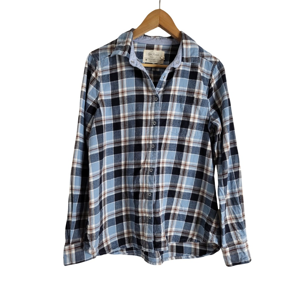 Old Ranch Blue Plaid Organic Cotton Snap Front Flannel Shirt Mens M Cabincore